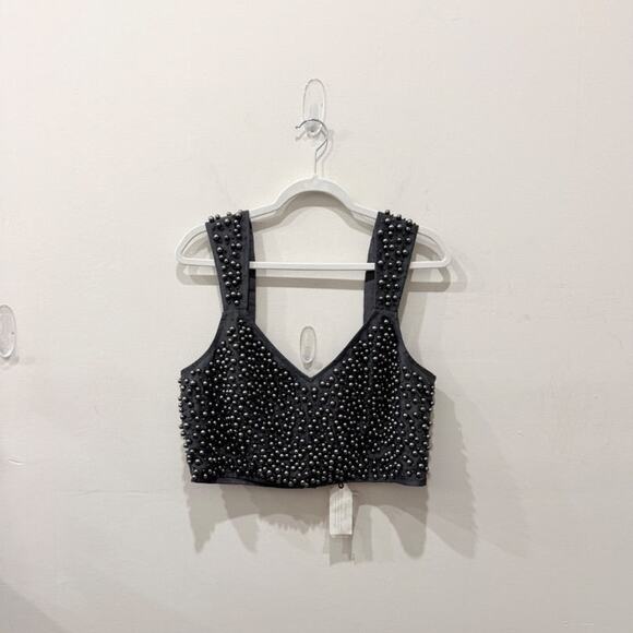 NWT Anthropologie Pearl Embellished V-Neck Crop Bra Top Gray Women's Size 14 - Picture 2 of 5